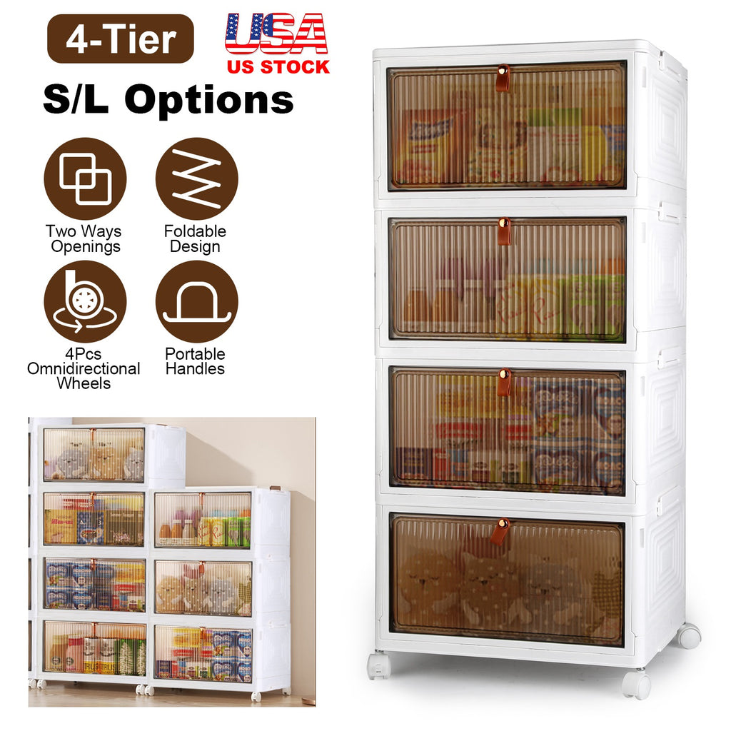 4-Tier Foldable Storage Bins with Magnetic Door - Stackable Closet Organizer on Wheels