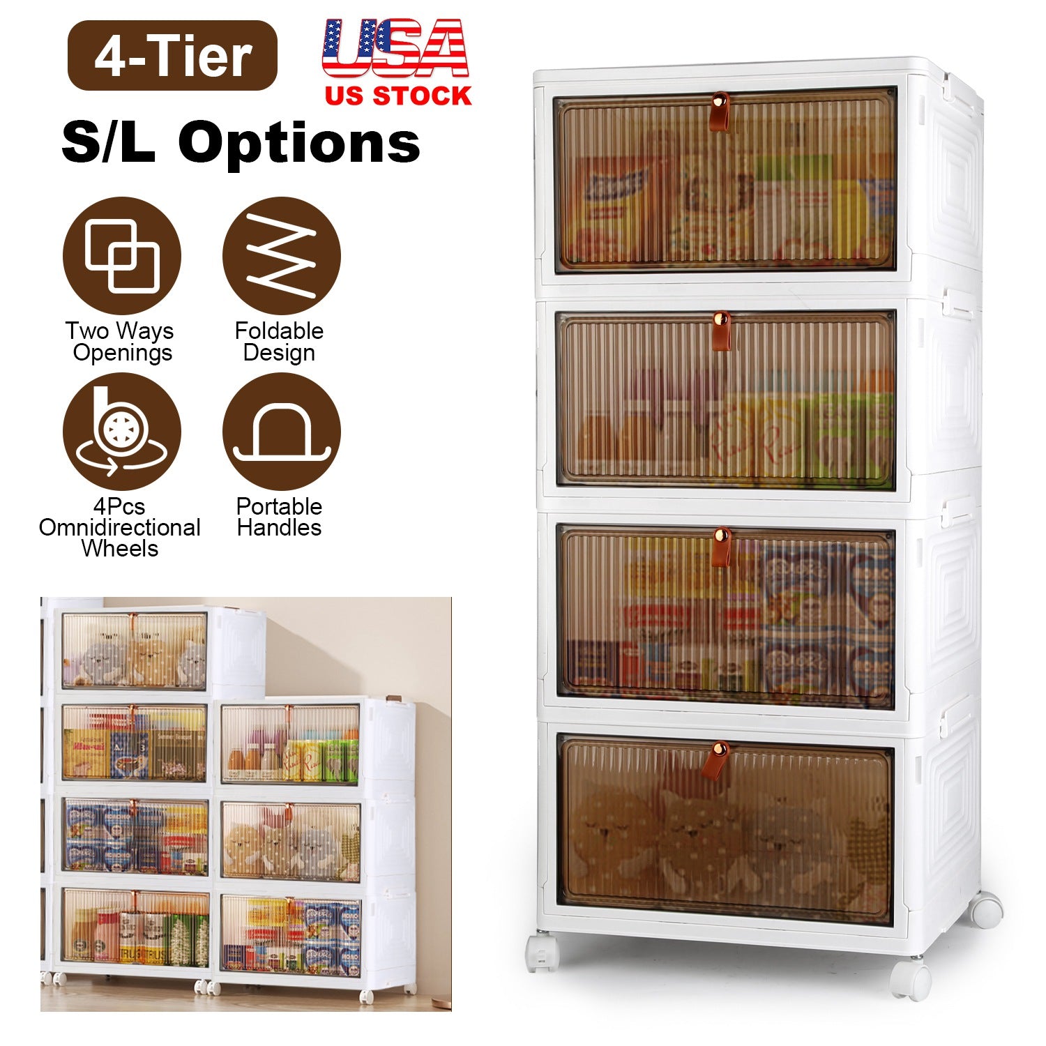 4-Tier Foldable Storage Bins with Magnetic Door - Stackable Closet Organizer on Wheels