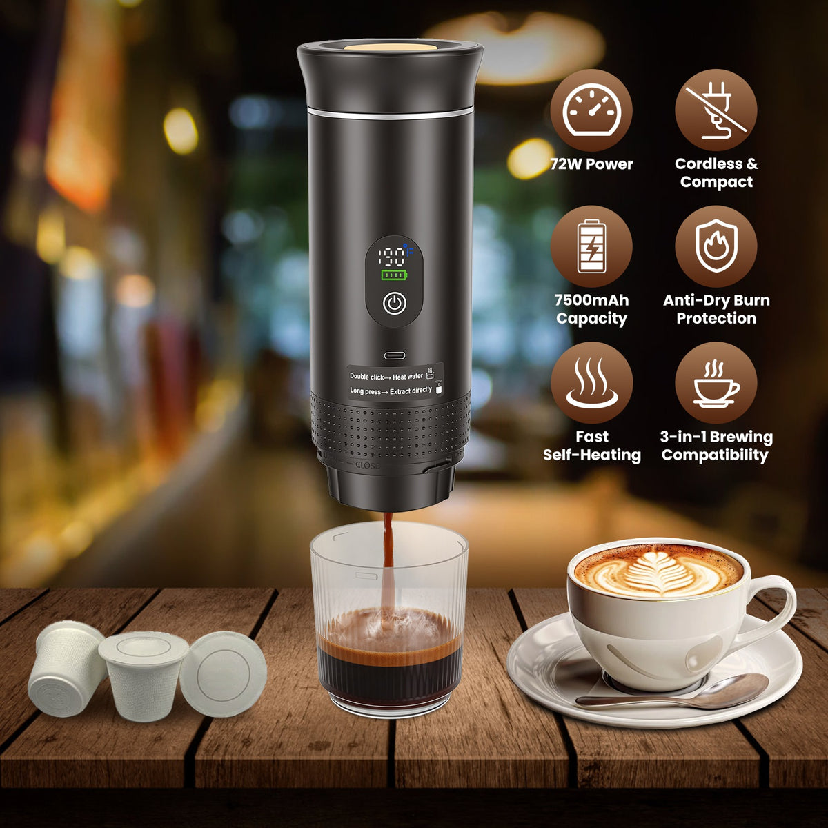 3-in-1 Portable Espresso Machine - Cordless Self-Heating Coffee Maker, 7500mAh Battery