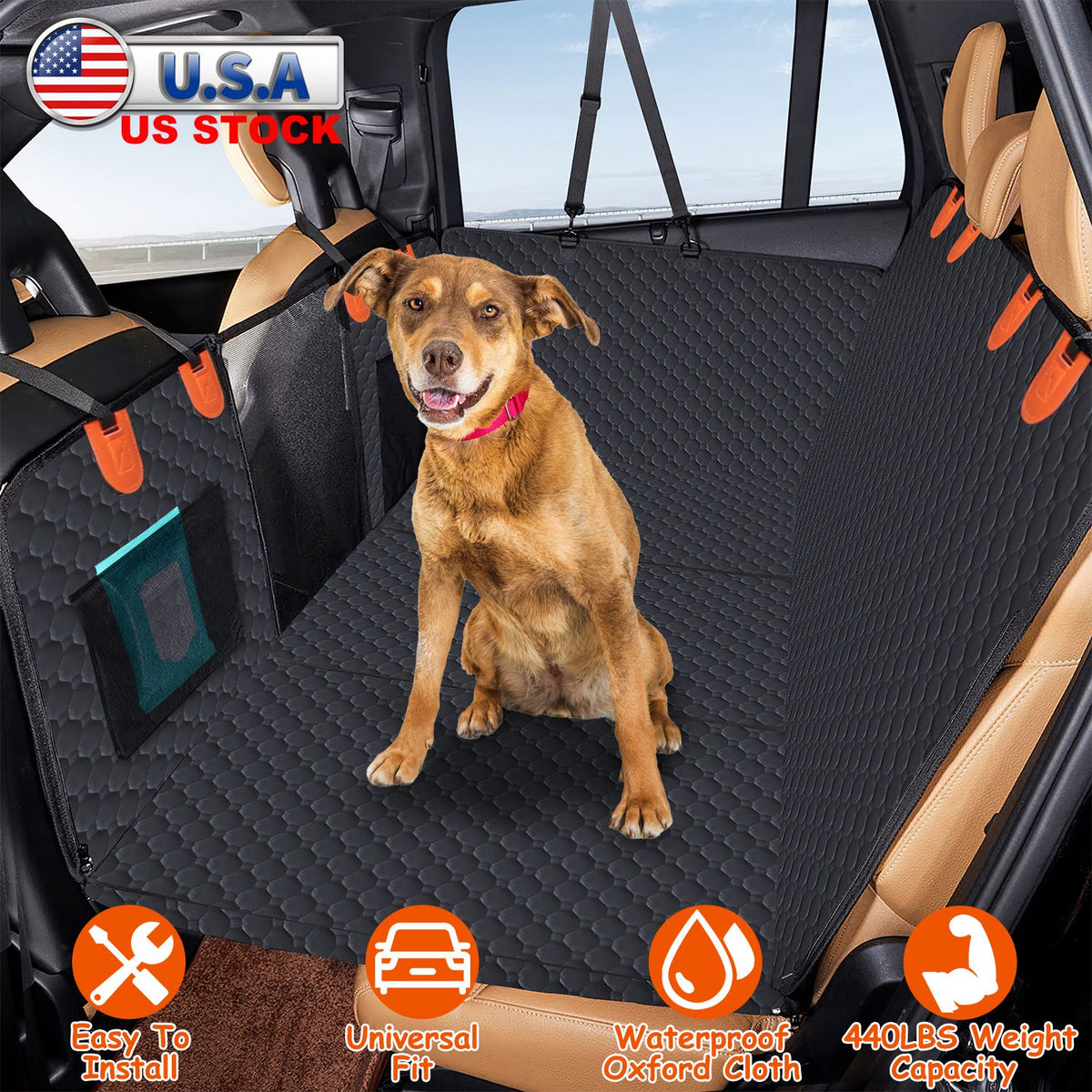 Waterproof Dog Car Back Seat Cover - Mesh Window, 600D Oxford, Storage Pockets