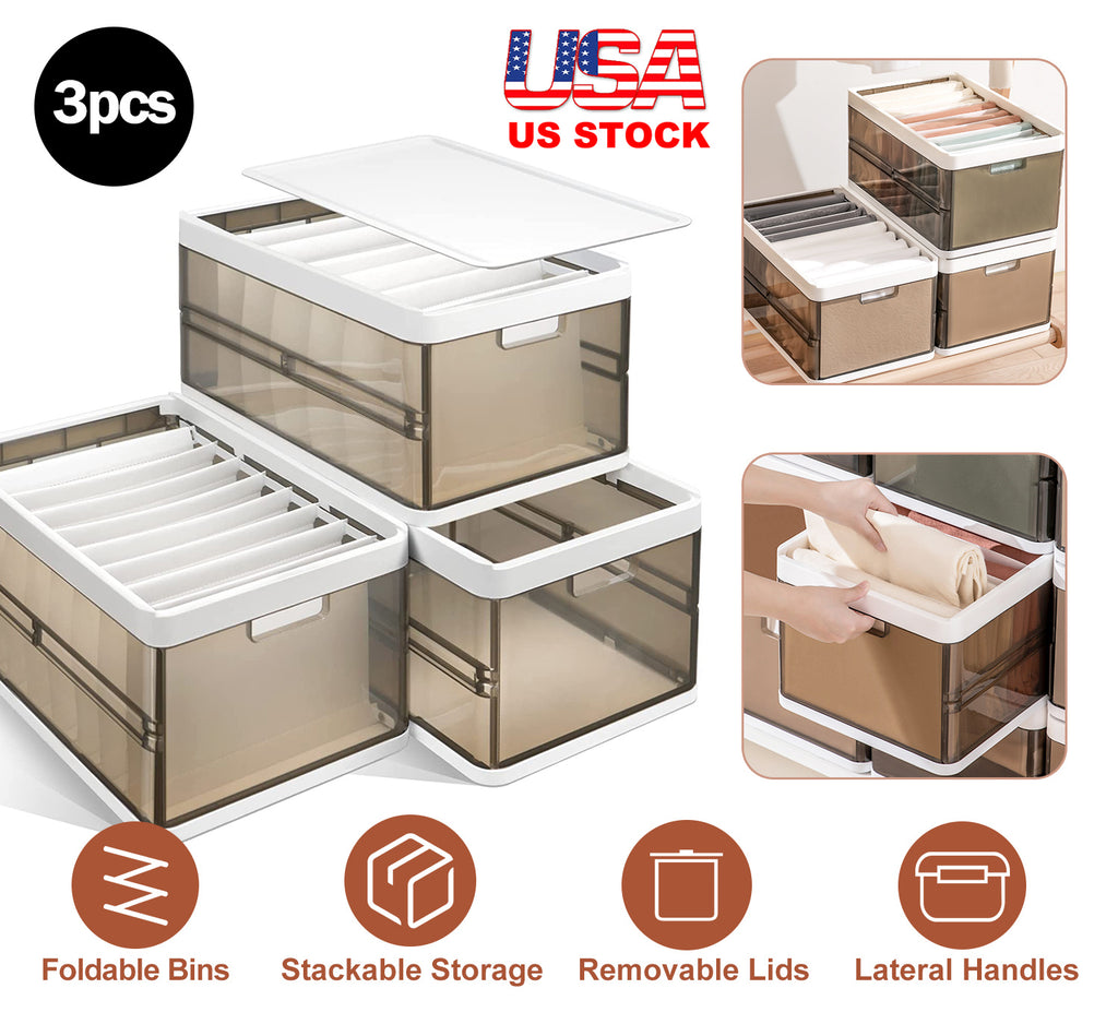 3-Pack Foldable Storage Bins with Lid & Handle - Stackable Closet Organizer