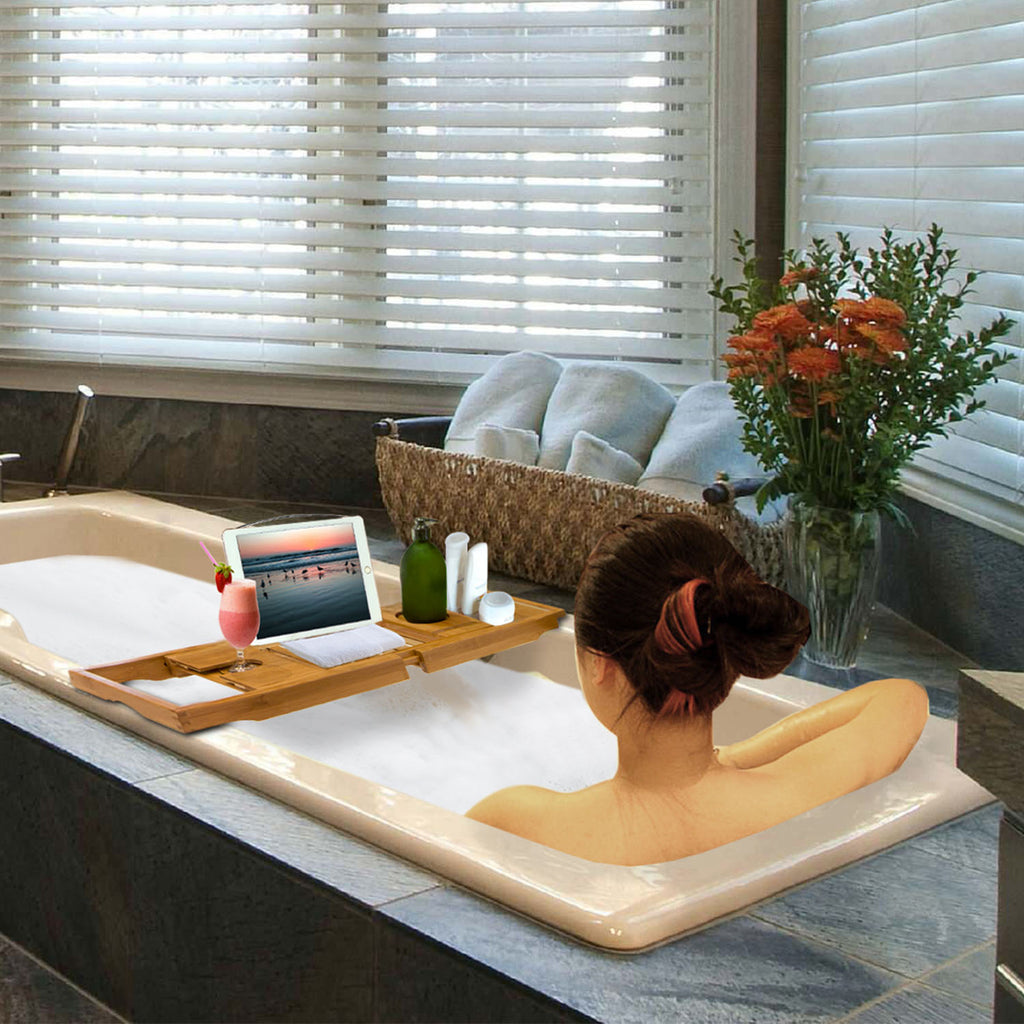 Extendable Bamboo Bathtub Caddy Tray - Book, Tablet, Wine Glass Holder