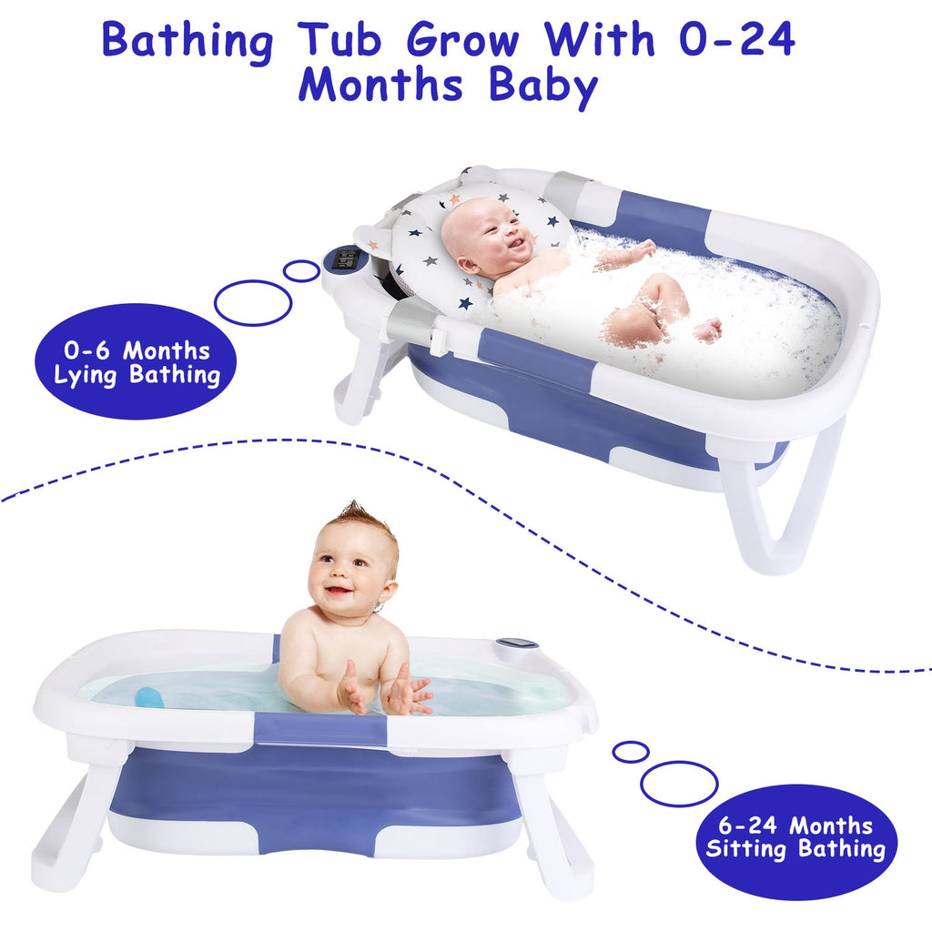 Foldable Baby Bath Tub with Built-In Thermometer - 0-24 Months, Travel-Friendly