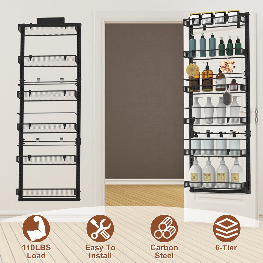 6-Tier Over-the-Door Pantry Organizer - Carbon Steel, 110lbs Capacity