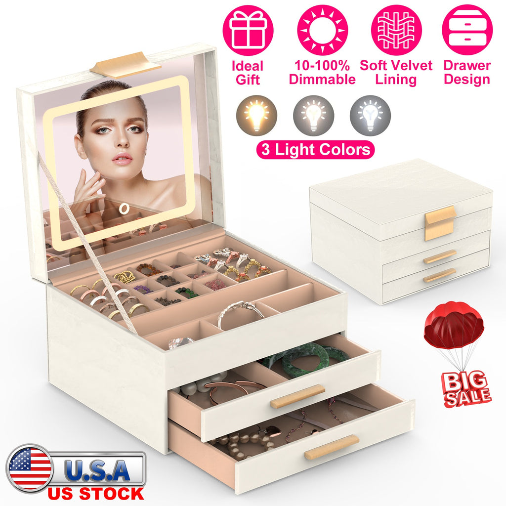 Jewelry Box with LED Mirror - 3-Layer Organizer, 2 Drawers, Dimmable Light