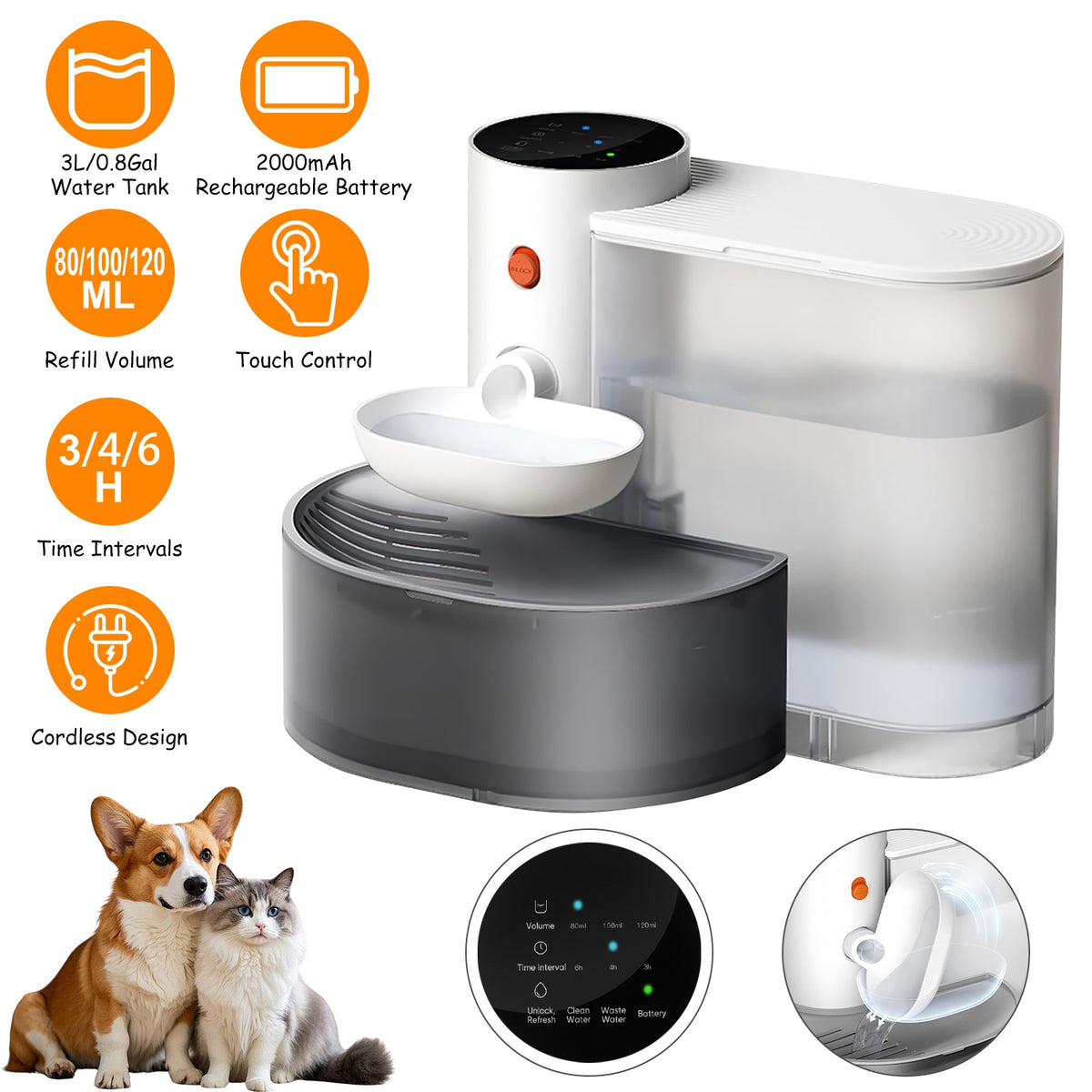 Smart Automatic Pet Water Fountain - Self-Refill & Self-Empty, 3L Cordless