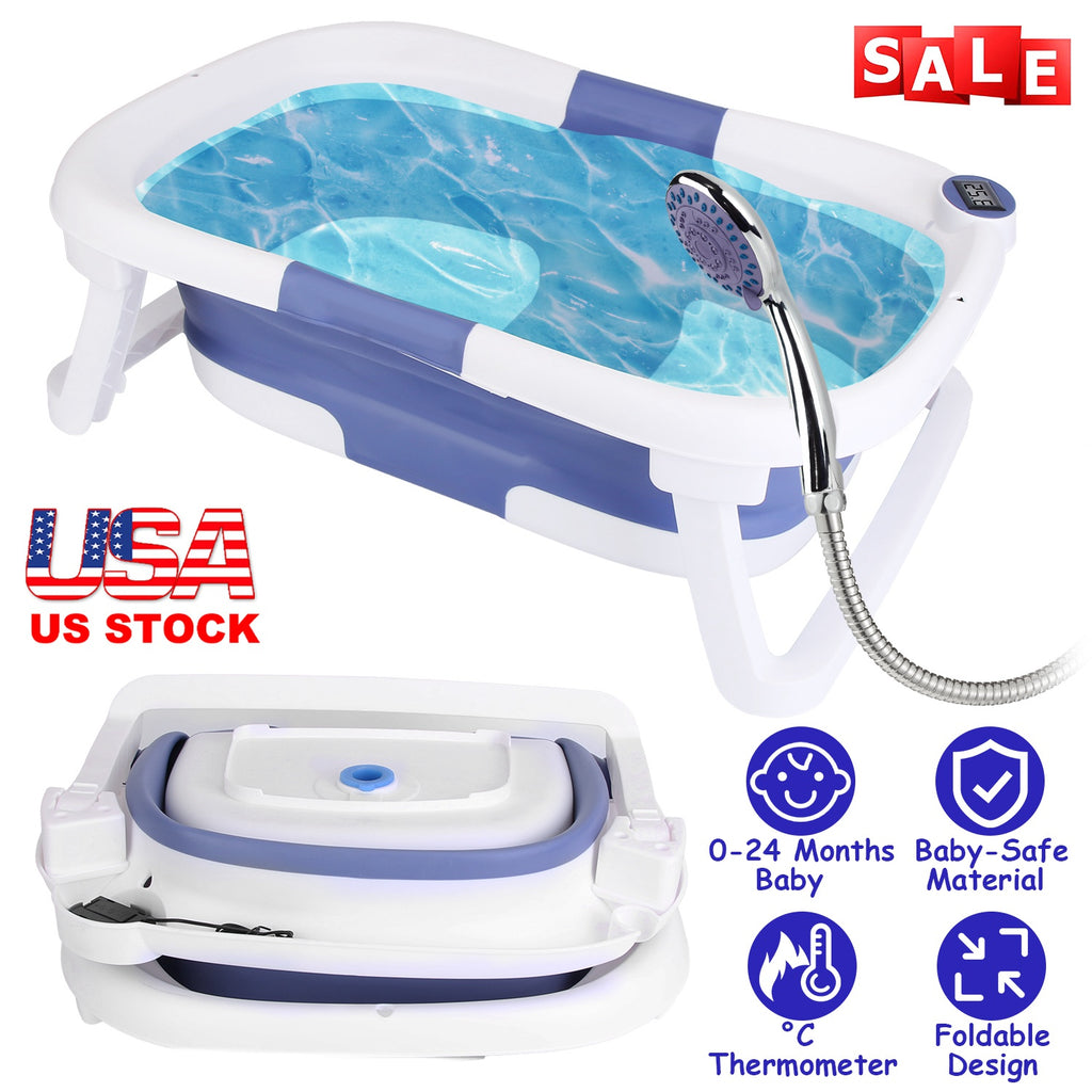 Foldable Baby Bath Tub with Built-In Thermometer - 0-24 Months, Travel-Friendly