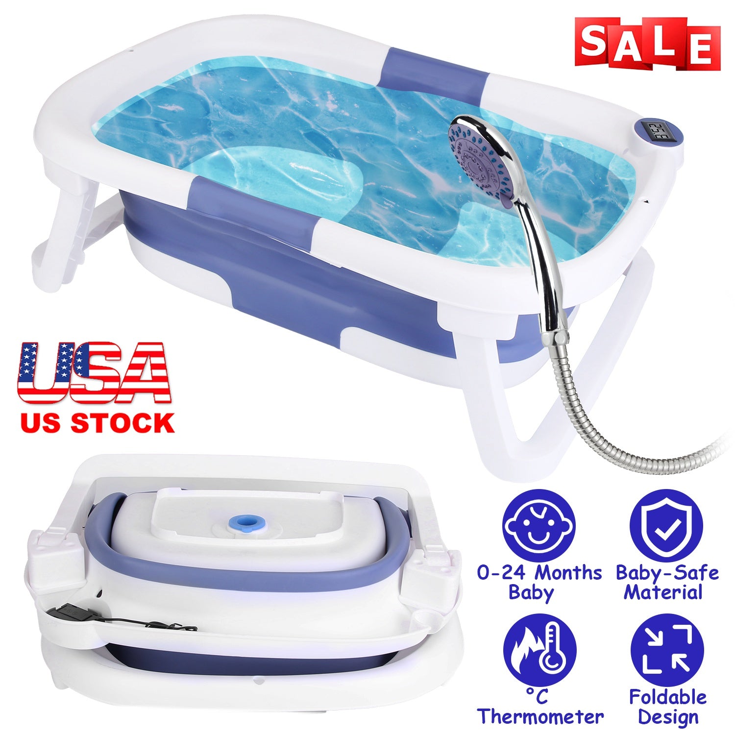 Foldable Baby Bath Tub with Built-In Thermometer - 0-24 Months, Travel-Friendly