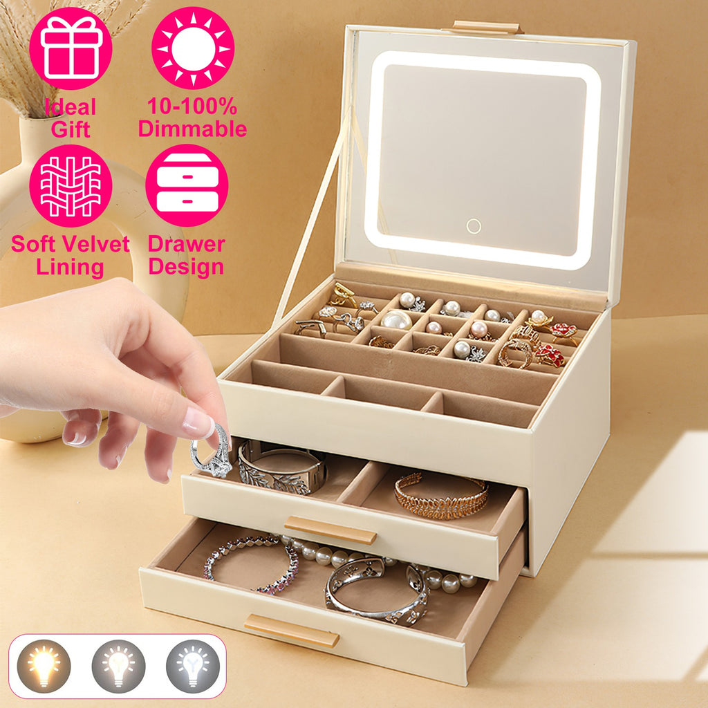 Jewelry Box with LED Mirror - 3-Layer Organizer, 2 Drawers, Dimmable Light
