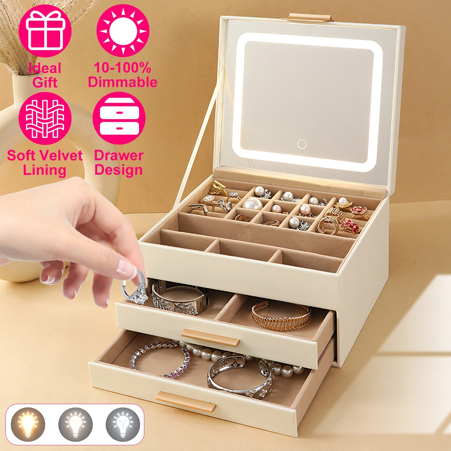 Jewelry Box with LED Mirror - 3-Layer Organizer, 2 Drawers, Dimmable Light