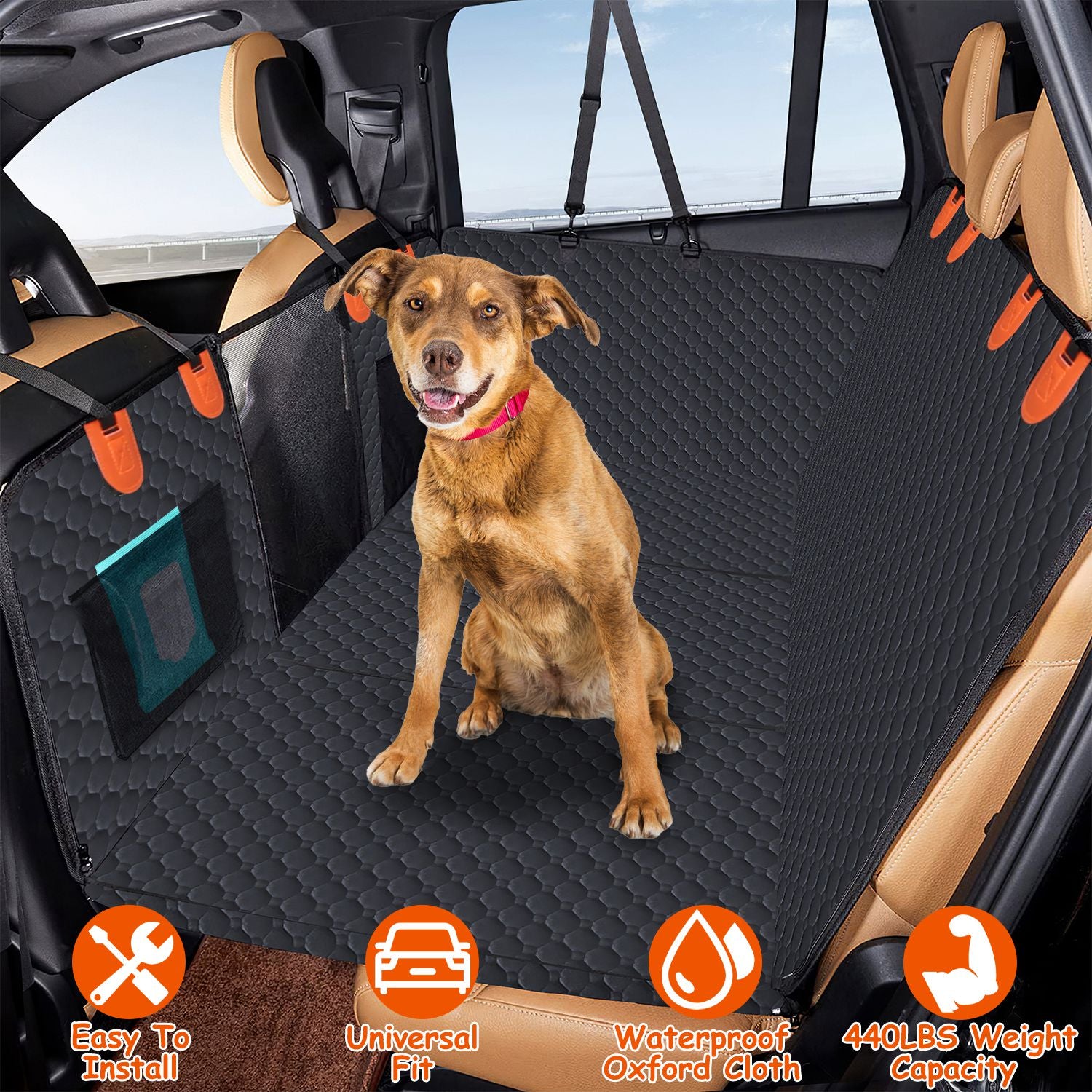 Waterproof Dog Car Back Seat Cover - Mesh Window, 600D Oxford, Storage Pockets