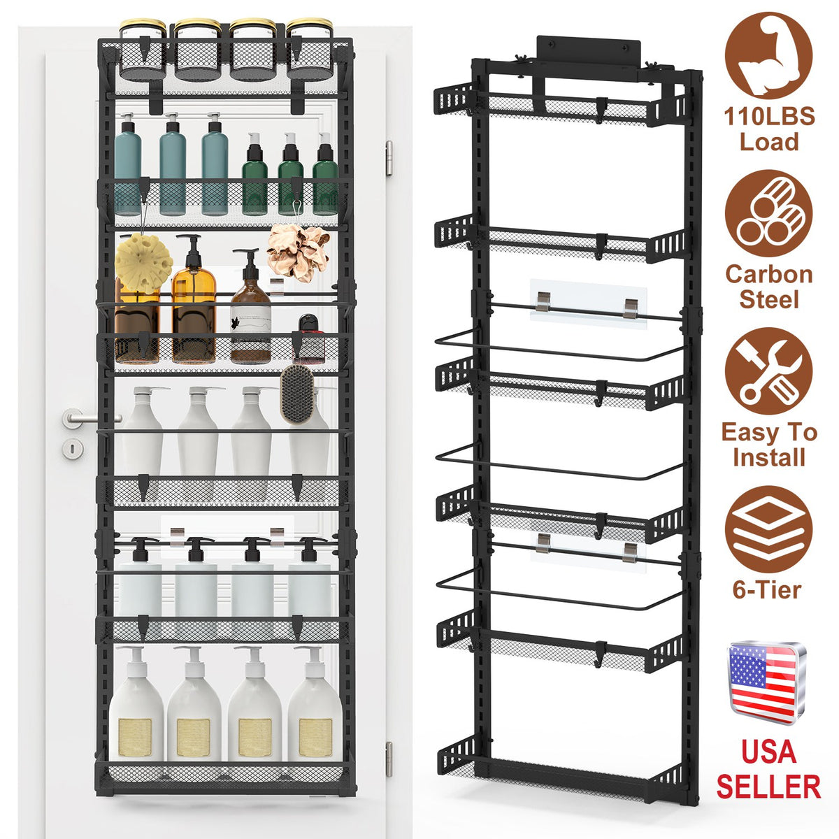 6-Tier Over-the-Door Pantry Organizer - Carbon Steel, 110lbs Capacity
