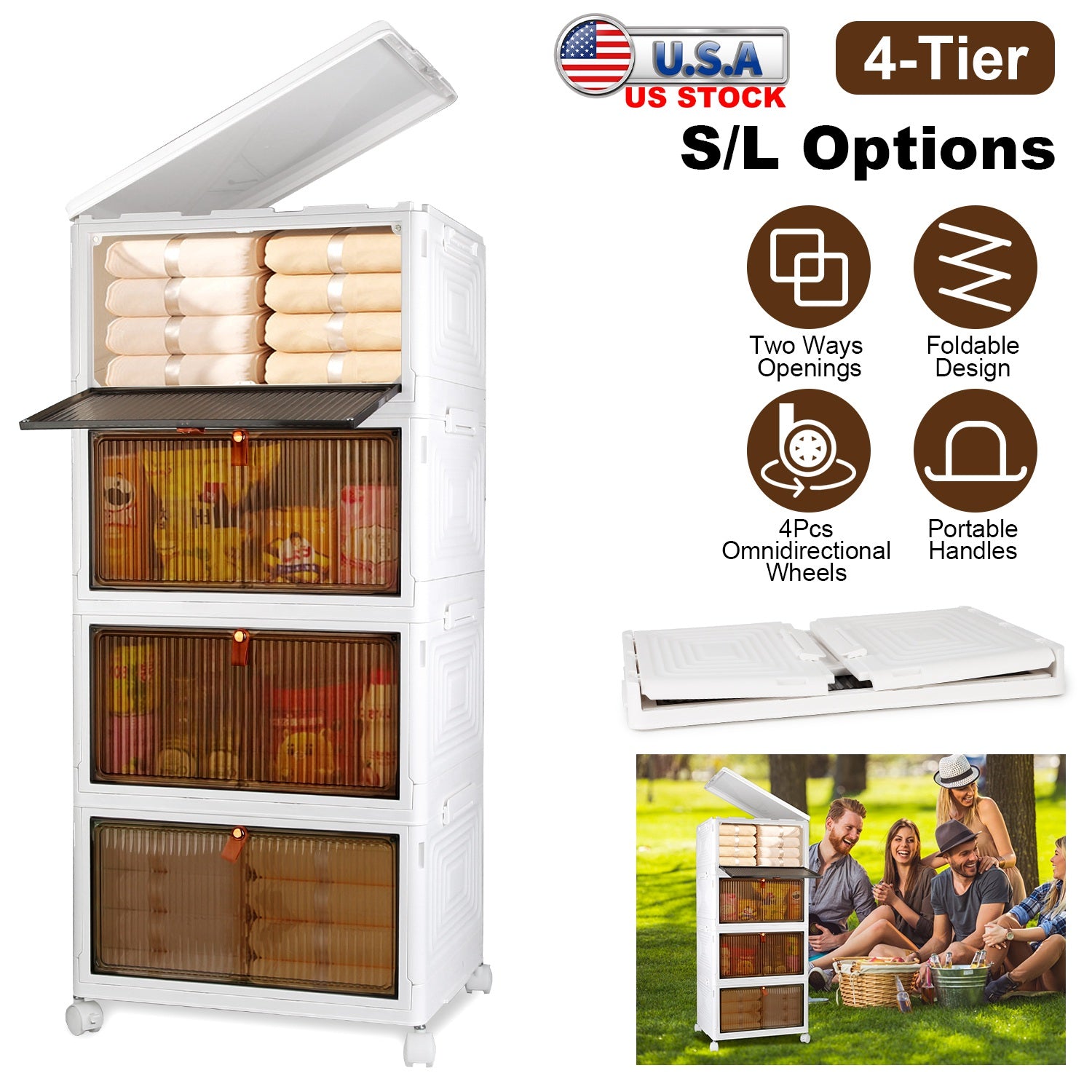 4-Tier Foldable Storage Bins with Magnetic Door - Stackable Closet Organizer on Wheels