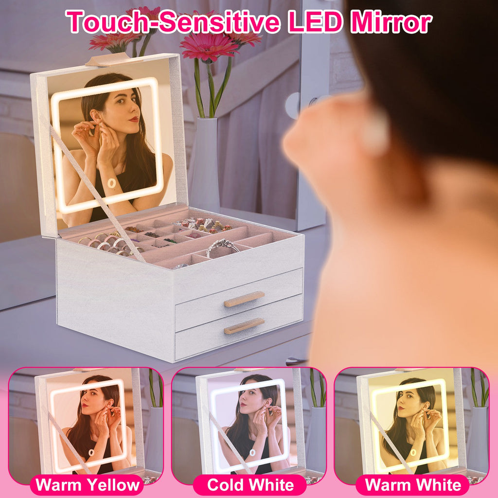 Jewelry Box with LED Mirror - 3-Layer Organizer, 2 Drawers, Dimmable Light