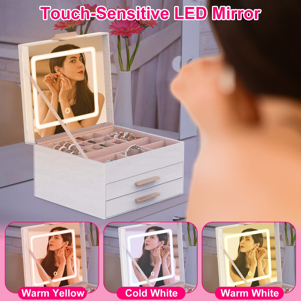 Jewelry Box with LED Mirror - 3-Layer Organizer, 2 Drawers, Dimmable Light