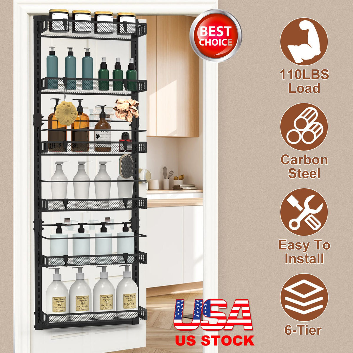 6-Tier Over-the-Door Pantry Organizer - Carbon Steel, 110lbs Capacity