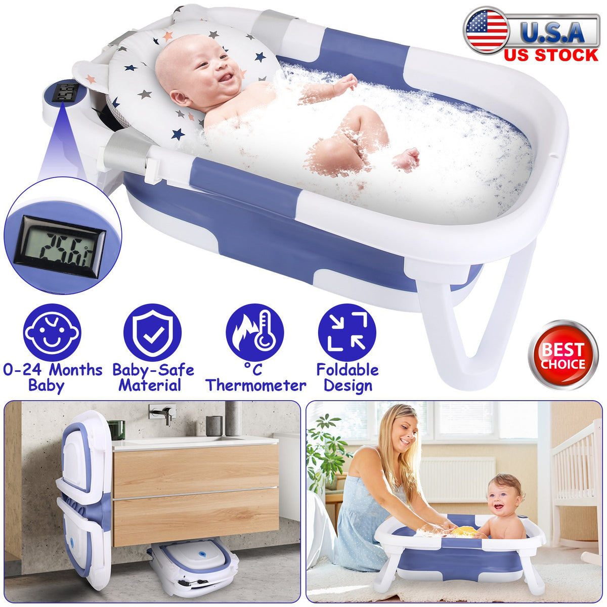 Foldable Baby Bath Tub with Built-In Thermometer - 0-24 Months, Travel-Friendly