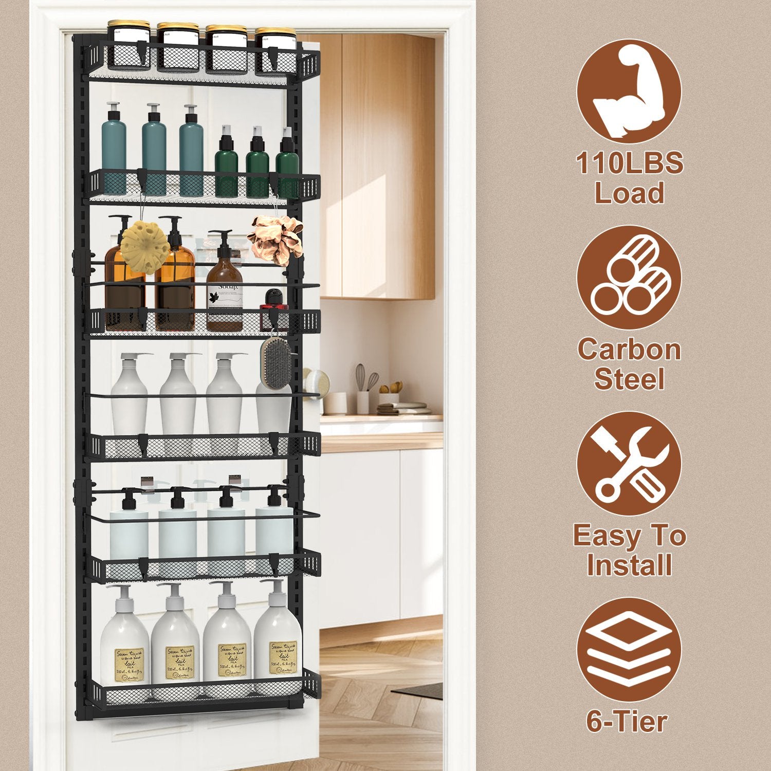 6-Tier Over-the-Door Pantry Organizer - Carbon Steel, 110lbs Capacity