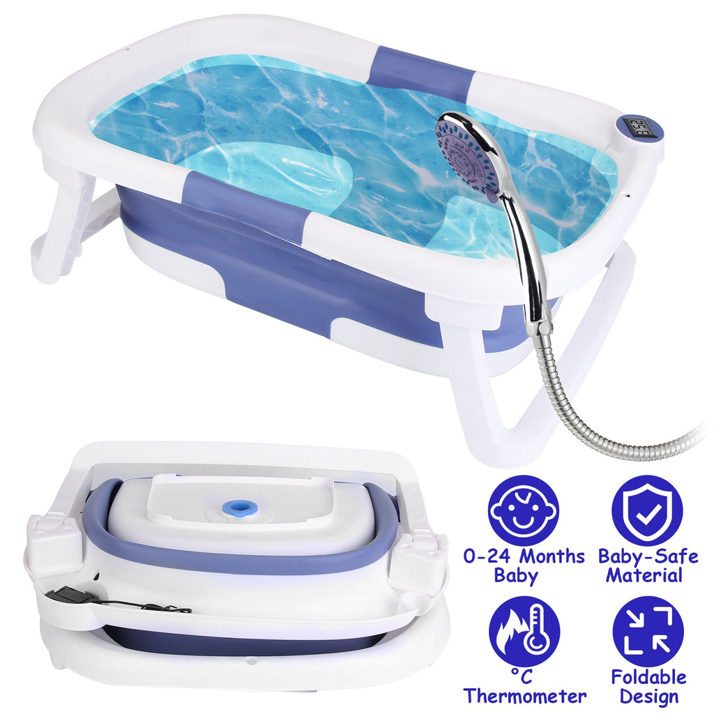 Foldable Baby Bath Tub with Built-In Thermometer - 0-24 Months, Travel-Friendly