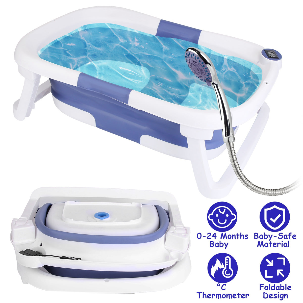 Foldable Baby Bath Tub with Built-In Thermometer - 0-24 Months, Travel-Friendly