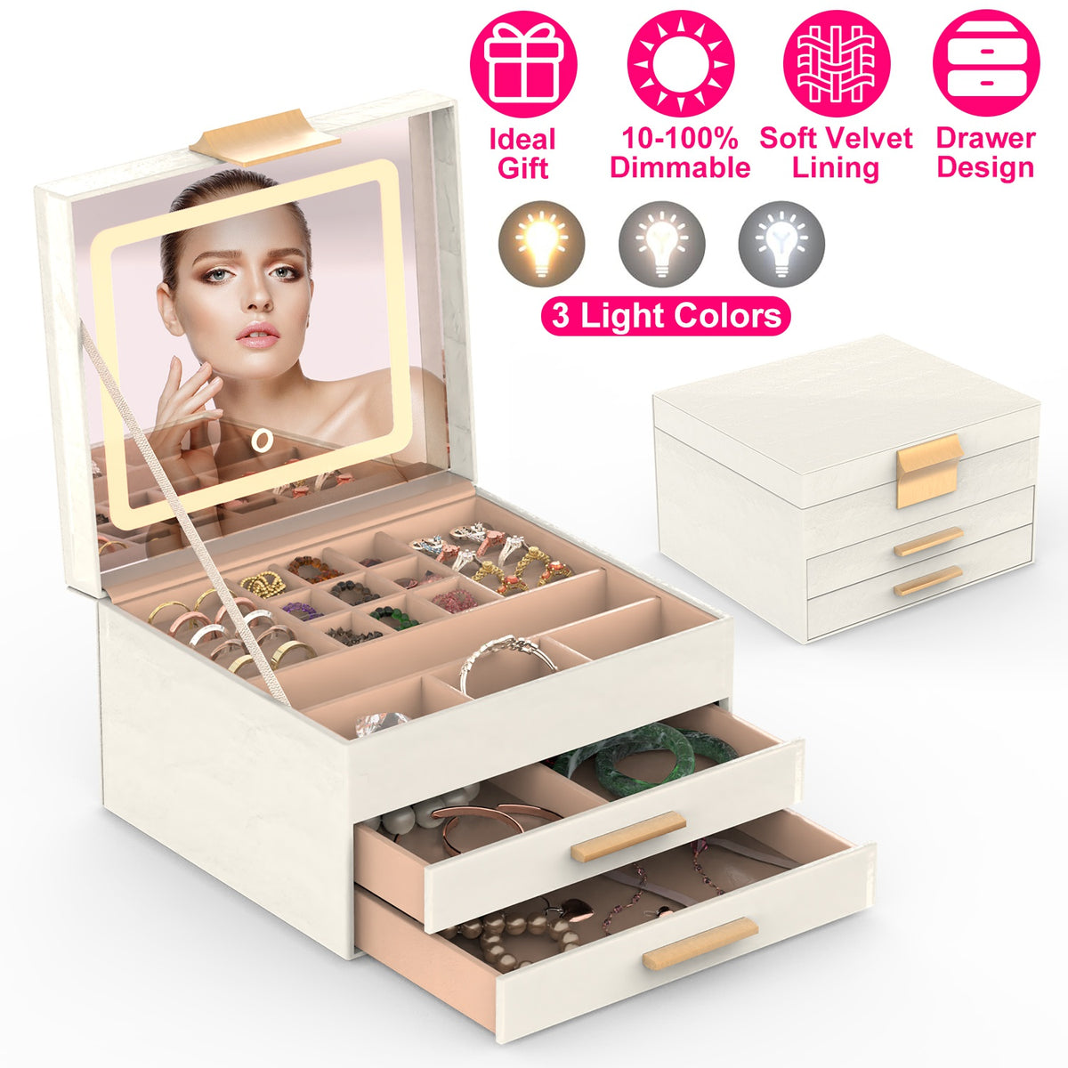 Jewelry Box with LED Mirror - 3-Layer Organizer, 2 Drawers, Dimmable Light