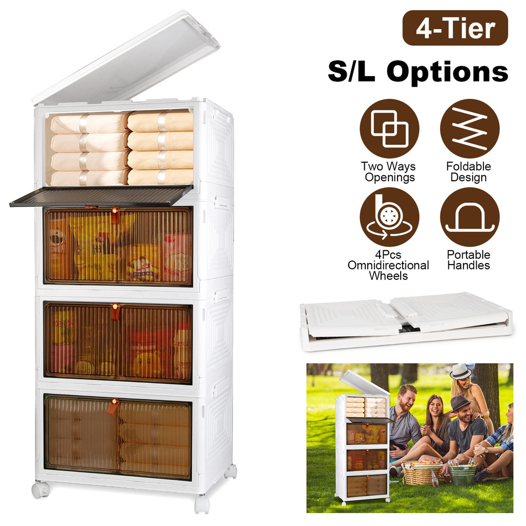4-Tier Foldable Storage Bins with Magnetic Door - Stackable Closet Organizer on Wheels