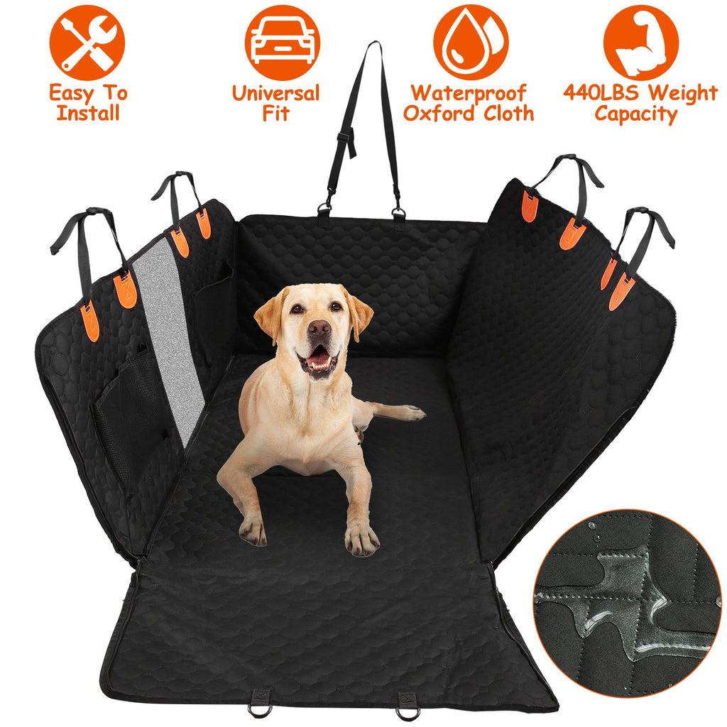 Waterproof Dog Car Back Seat Cover - Mesh Window, 600D Oxford, Storage Pockets