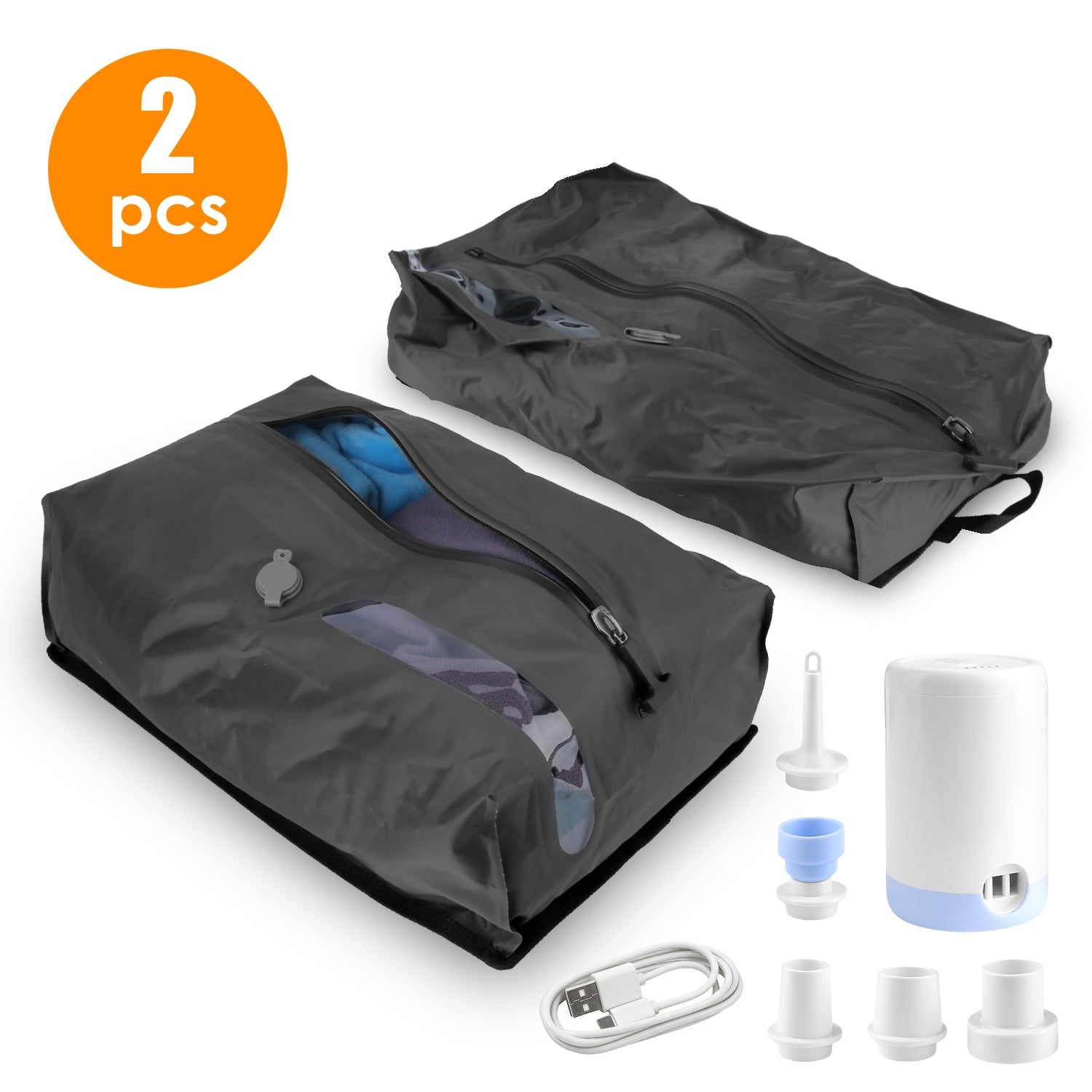 2Pc Vacuum Storage Bags with Electric Pump - Waterproof Travel Space Saver Set