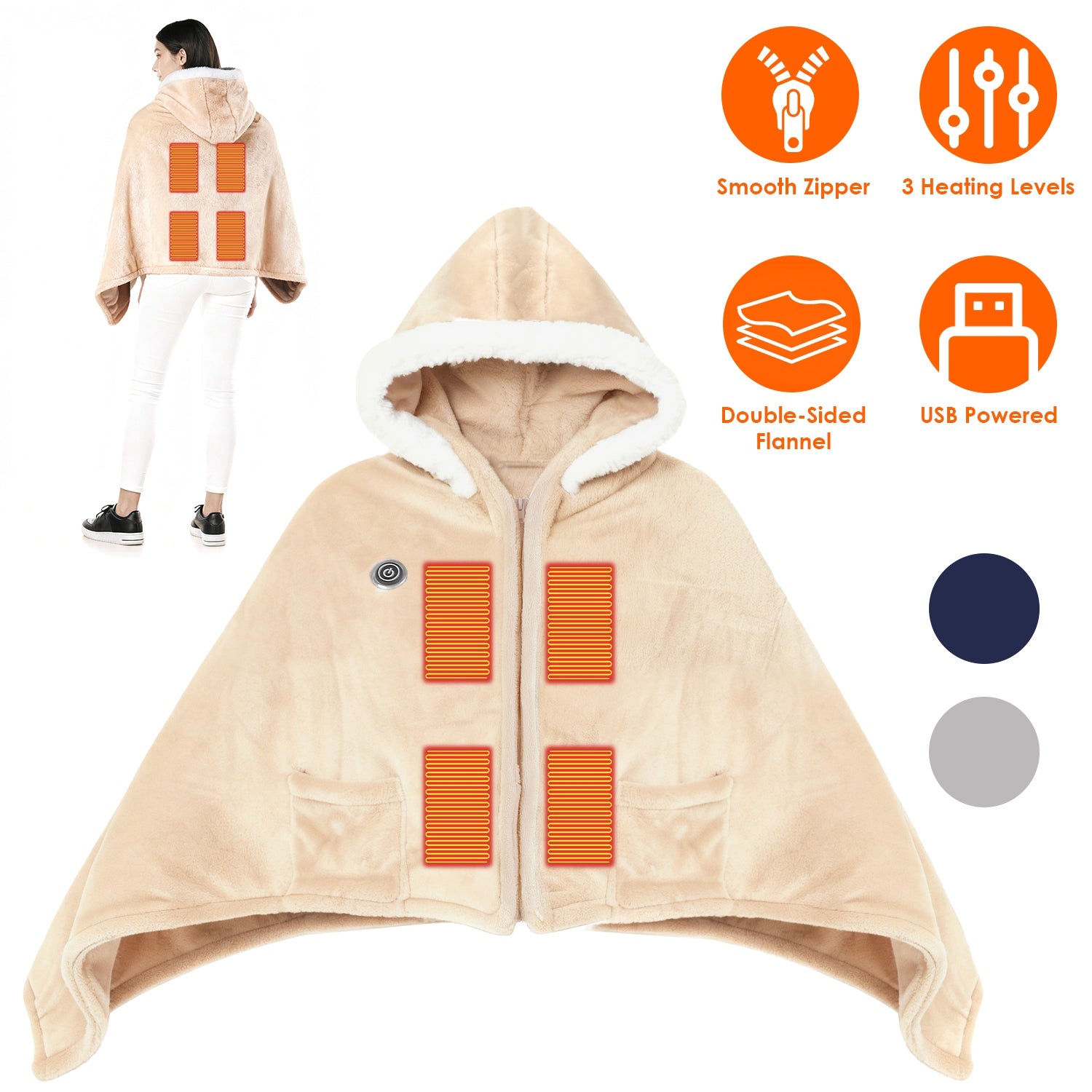 Wearable Heated Throw Blanket - Double-Sided Flannel, 3 Heat Levels, USB Powered