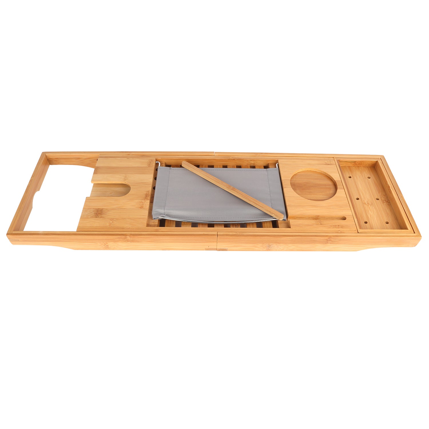 Extendable Bamboo Bathtub Caddy Tray - Book, Tablet, Wine Glass Holder