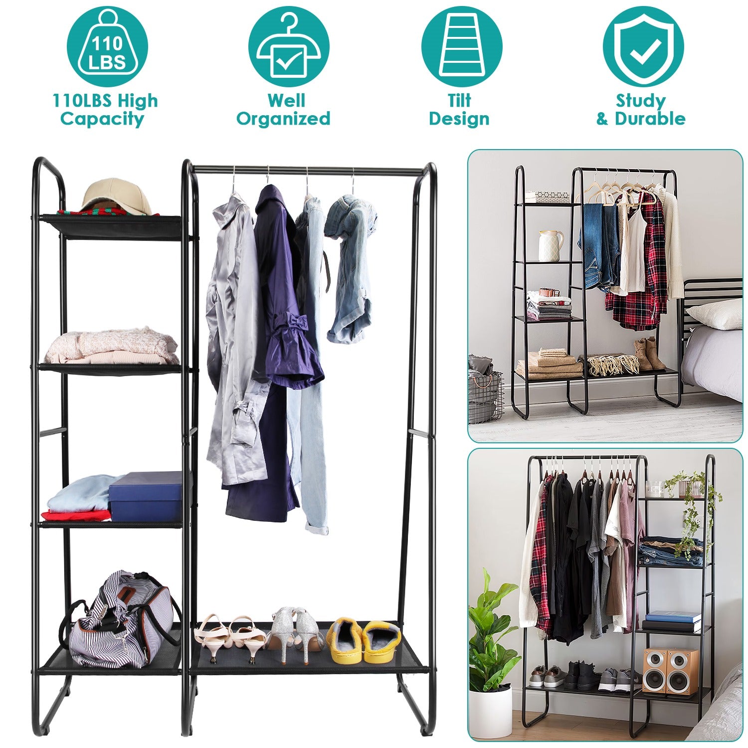 Metal Garment Rack with 5-Tier Shoe Shelf - Freestanding Closet Organizer