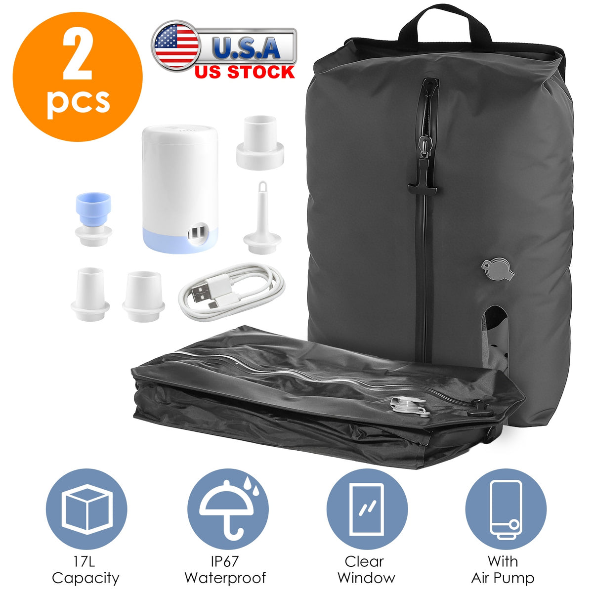2Pc Vacuum Storage Bags with Electric Pump - Waterproof Travel Space Saver Set