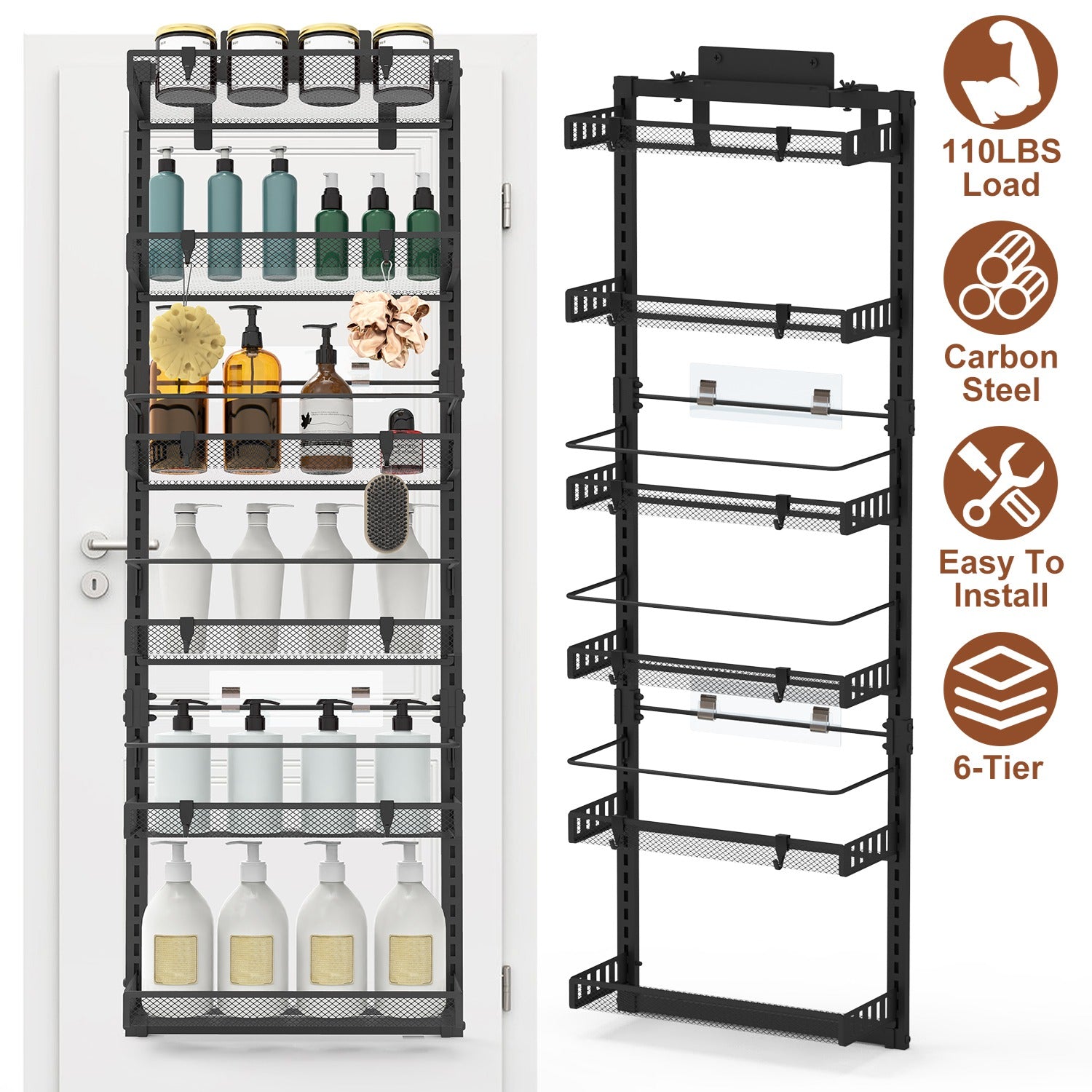 6-Tier Over-the-Door Pantry Organizer - Carbon Steel, 110lbs Capacity