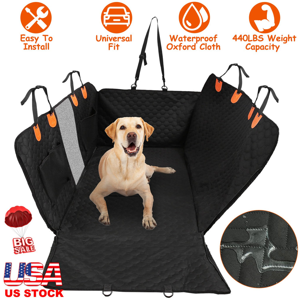 Waterproof Dog Car Back Seat Cover - Mesh Window, 600D Oxford, Storage Pockets