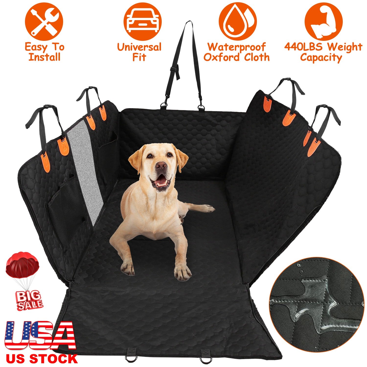 Waterproof Dog Car Back Seat Cover - Mesh Window, 600D Oxford, Storage Pockets