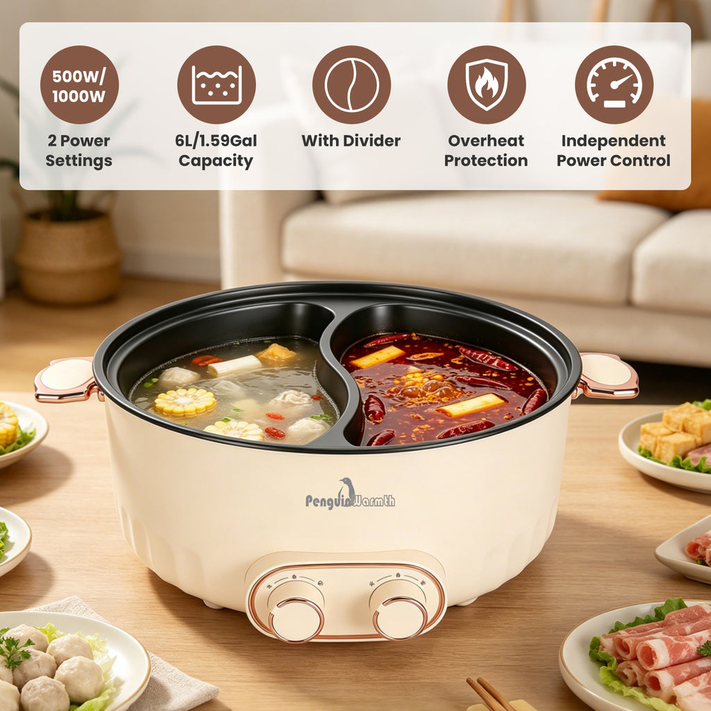 6L Electric Hot Pot with Divider - Dual Independent Control, Stainless Steel
