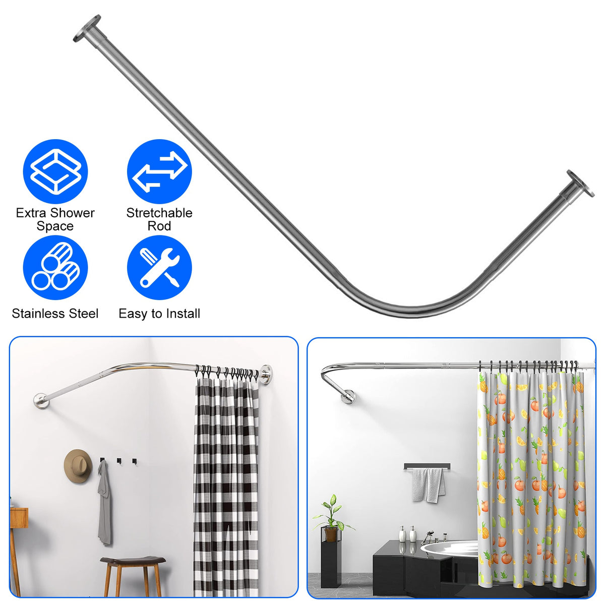 Curved Shower Curtain Rod - Stainless Steel, L-Shaped, Adjustable