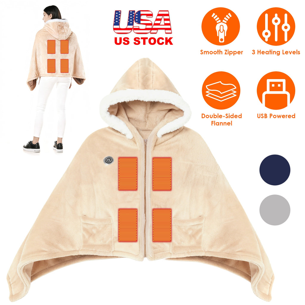 Wearable Heated Throw Blanket - Double-Sided Flannel, 3 Heat Levels, USB Powered