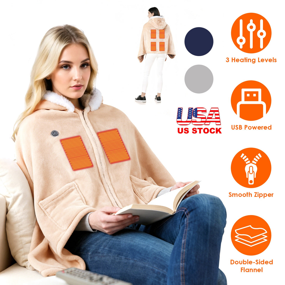 Wearable Heated Throw Blanket - Double-Sided Flannel, 3 Heat Levels, USB Powered