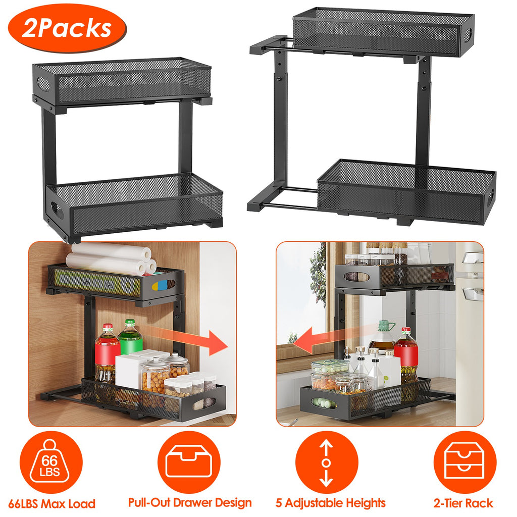 2Pc Pull-Out Under Sink Organizer - Height-Adjustable Sliding Cabinet Baskets