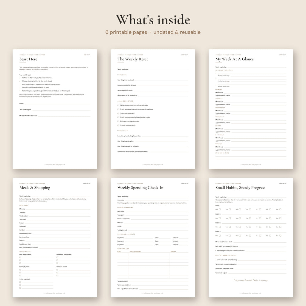 Aurelle Weekly Reset Planner | Printable PDF