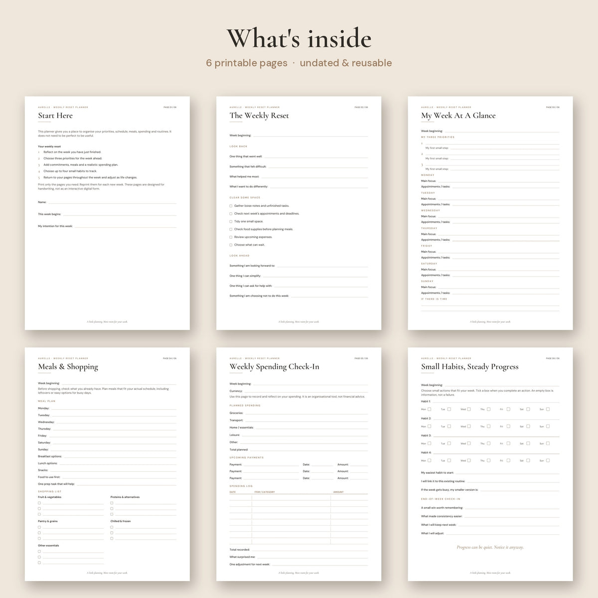 Aurelle Weekly Reset Planner | Printable PDF