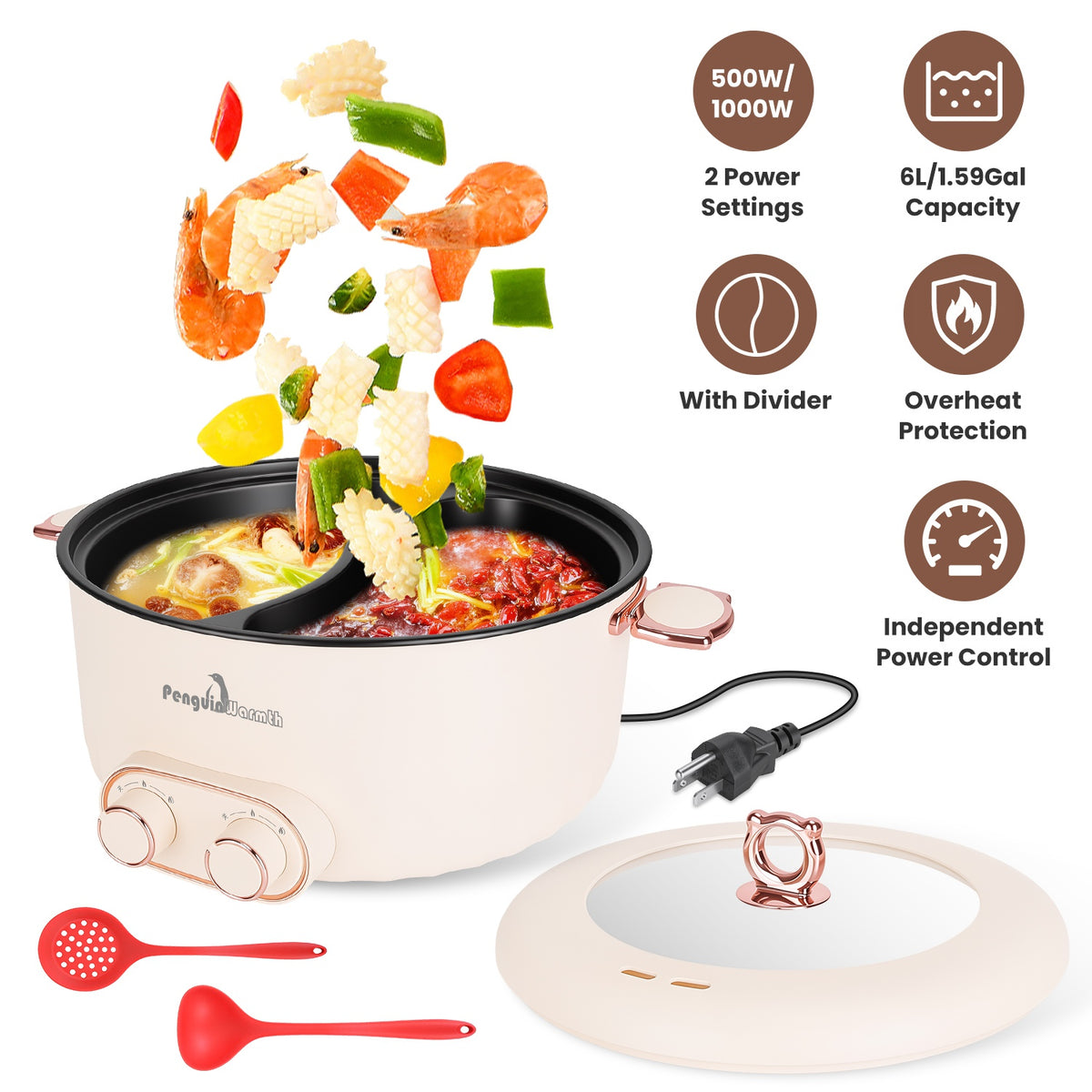 6L Electric Hot Pot with Divider - Dual Independent Control, Stainless Steel