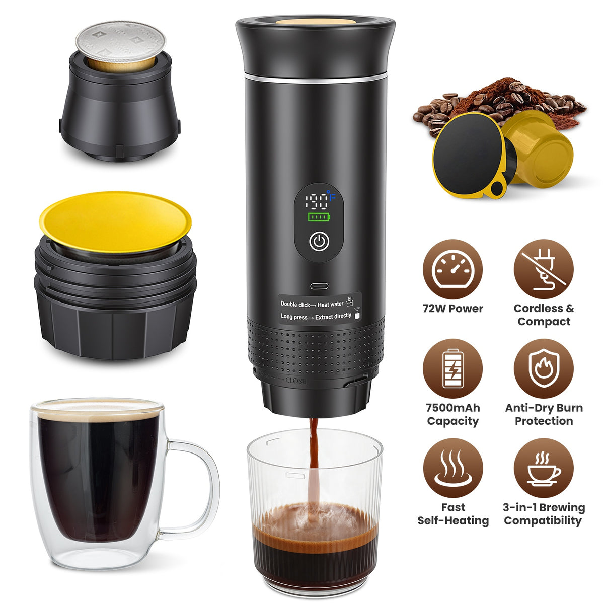 3-in-1 Portable Espresso Machine - Cordless Self-Heating Coffee Maker, 7500mAh Battery