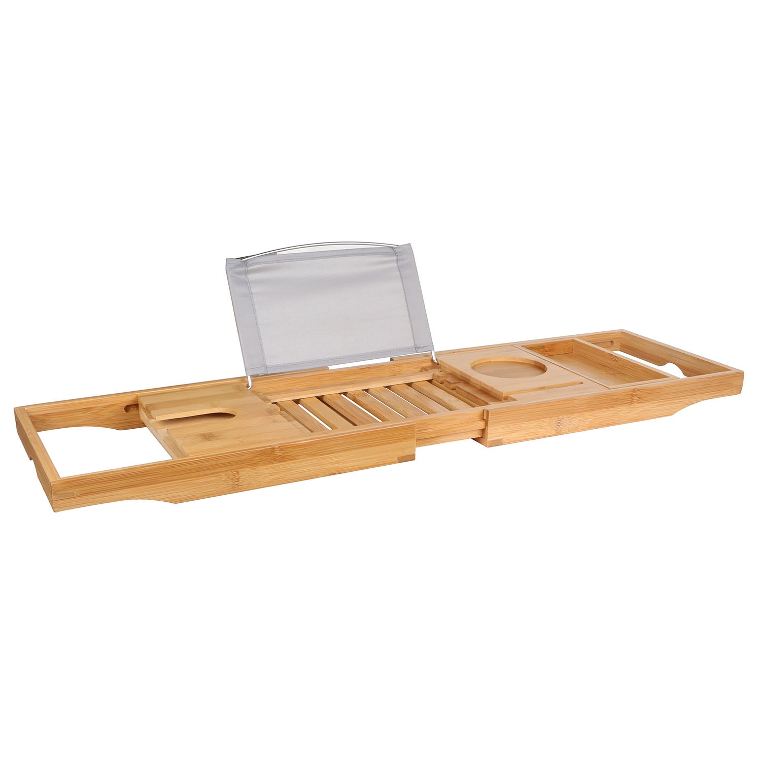 Extendable Bamboo Bathtub Caddy Tray - Book, Tablet, Wine Glass Holder