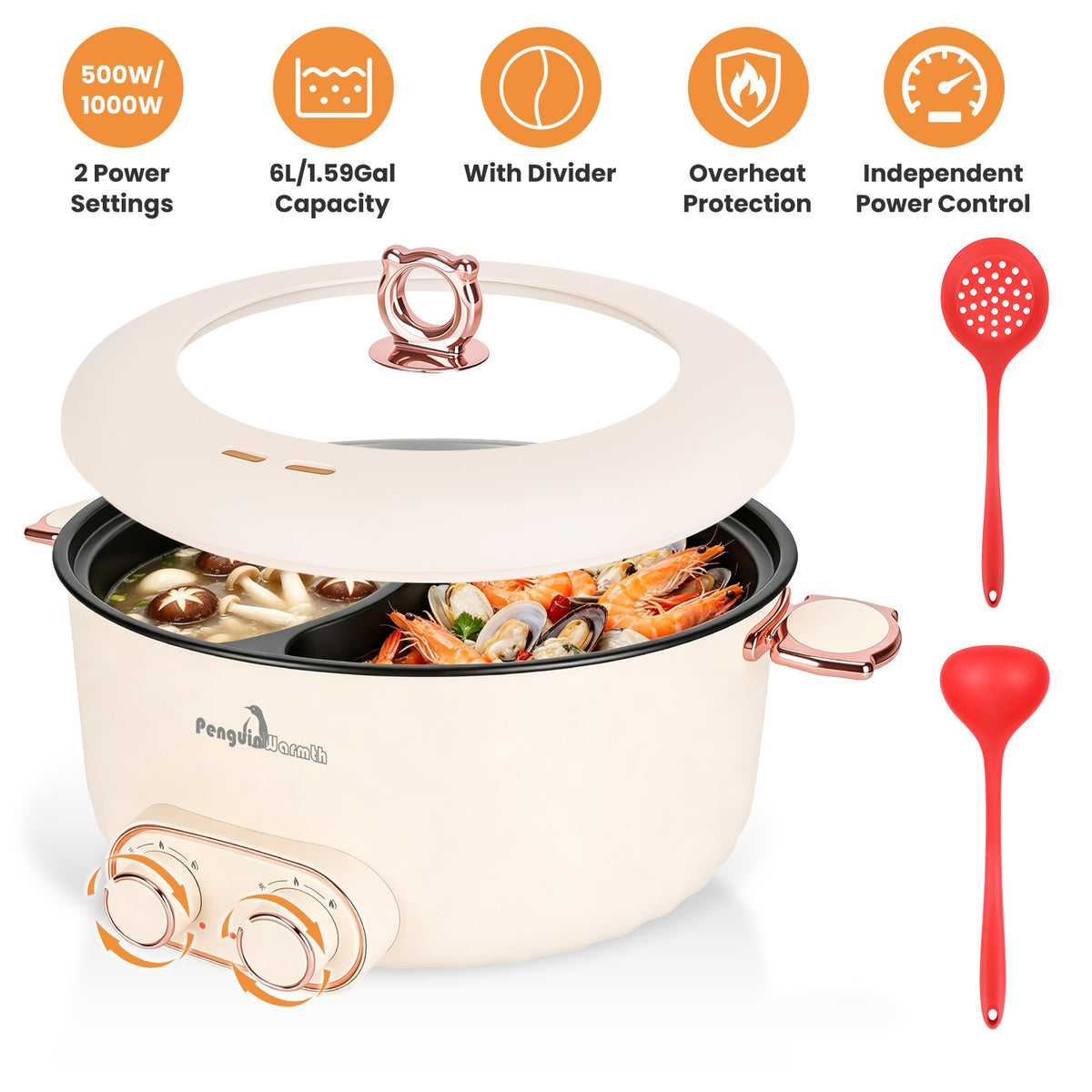 6L Electric Hot Pot with Divider - Dual Independent Control, Stainless Steel
