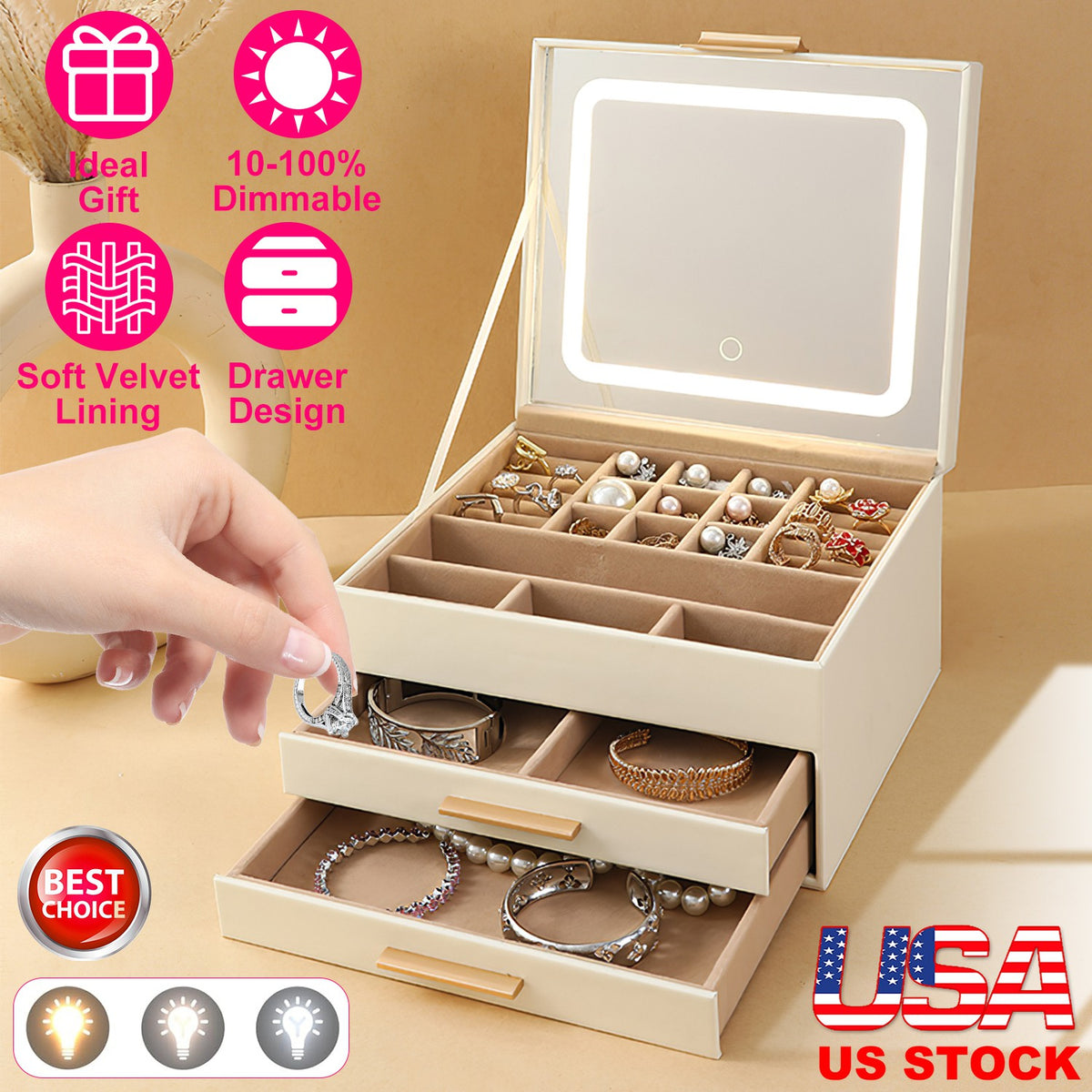 Jewelry Box with LED Mirror - 3-Layer Organizer, 2 Drawers, Dimmable Light
