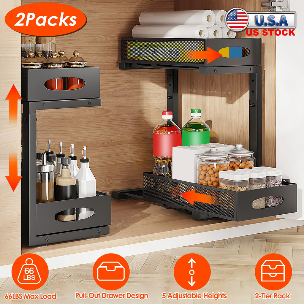 2Pc Pull-Out Under Sink Organizer - Height-Adjustable Sliding Cabinet Baskets
