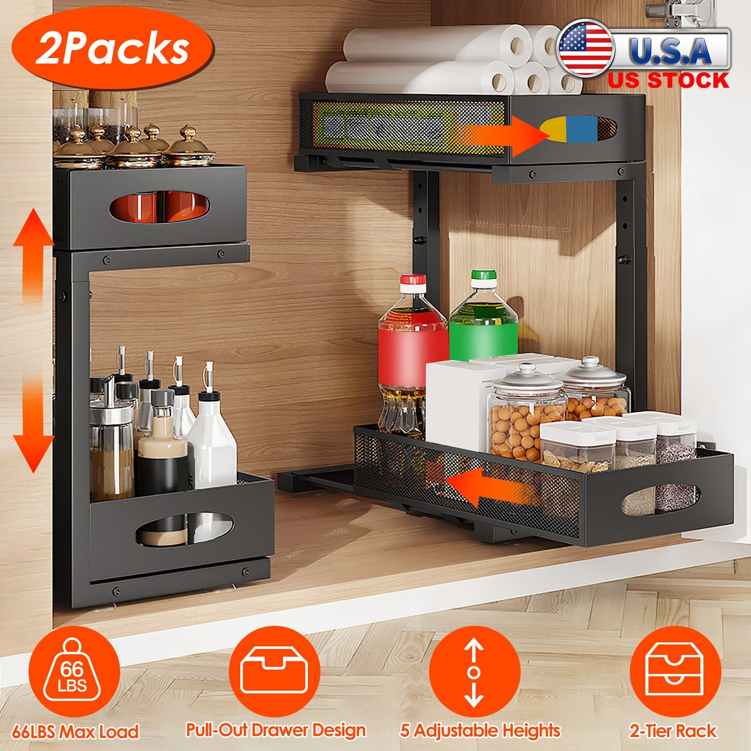 2Pc Pull-Out Under Sink Organizer - Height-Adjustable Sliding Cabinet Baskets