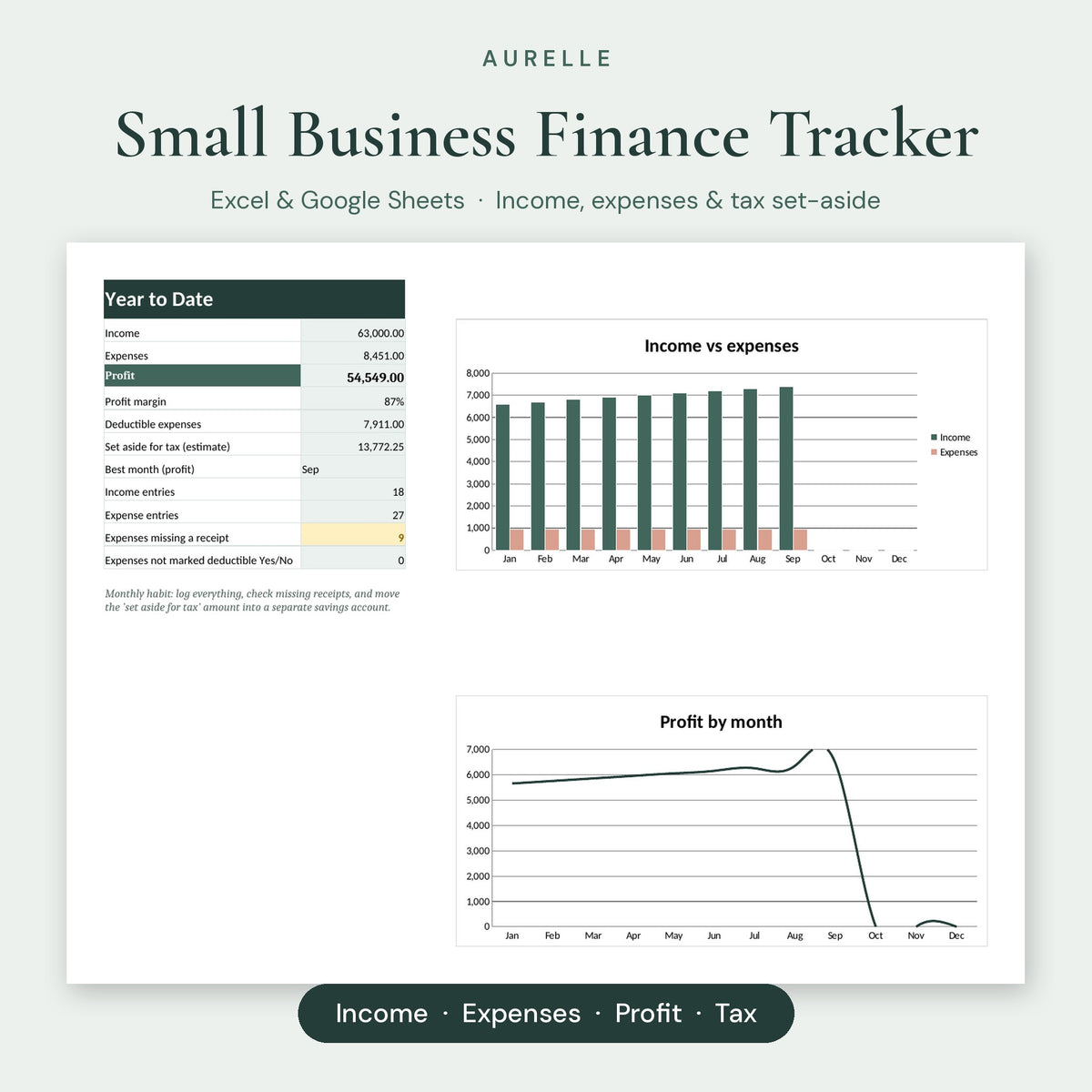 Aurelle Small Business Finance Tracker dashboard